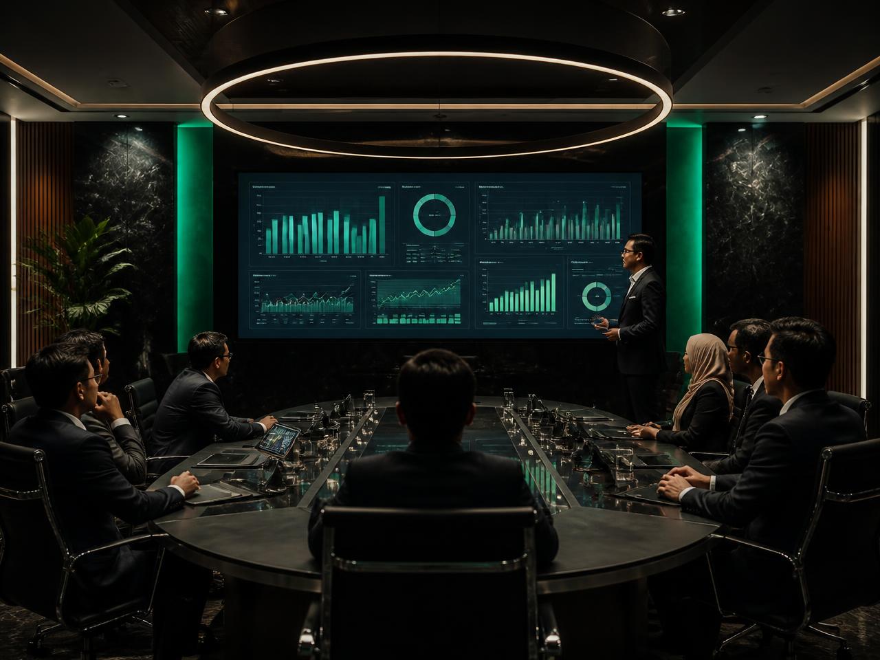 Senior executives reviewing performance dashboards in a boardroom session