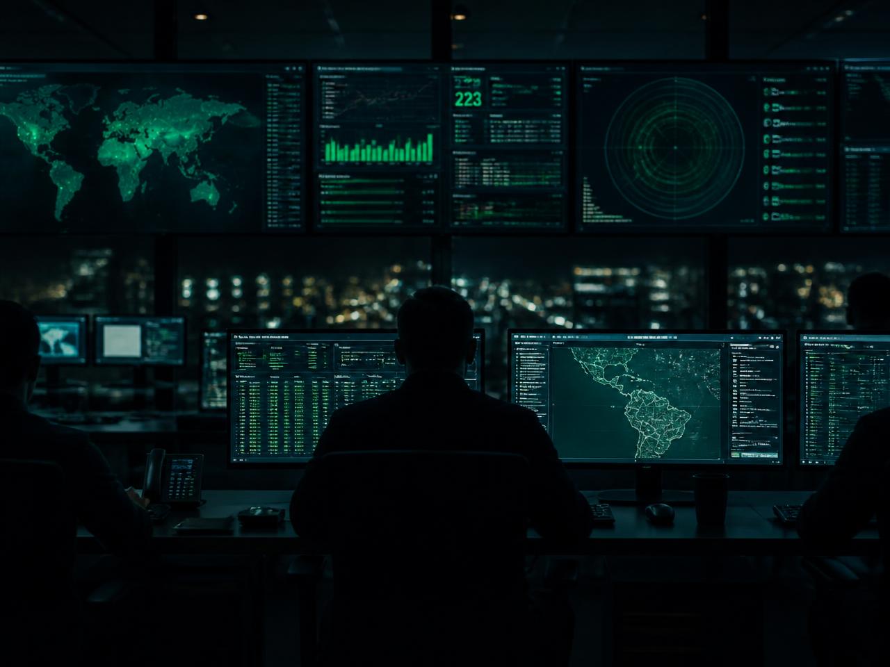 Operators monitoring screens inside a security operations control room