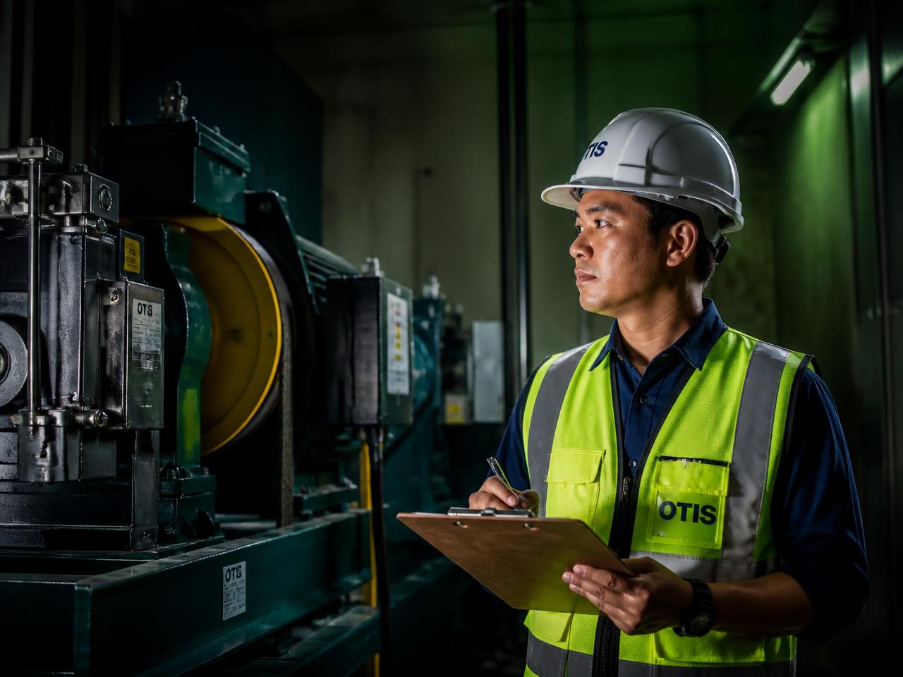 Technician inspecting lift machine room equipment with a checklist